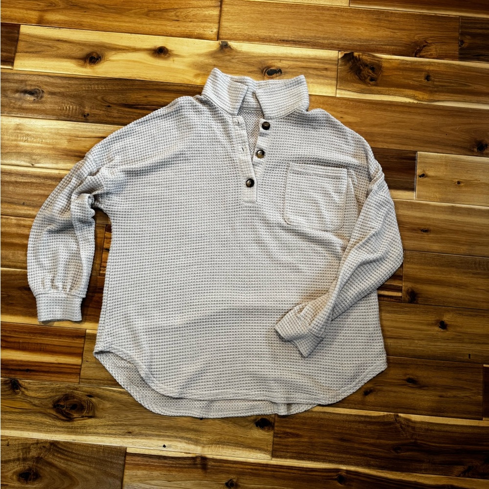 Cozy Waffle Knit Button Pullover - Light Heather